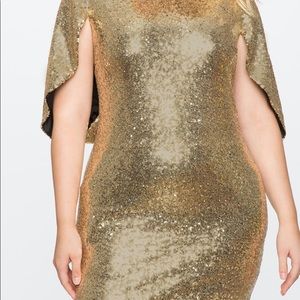 Gold sequin cape shoulder dress